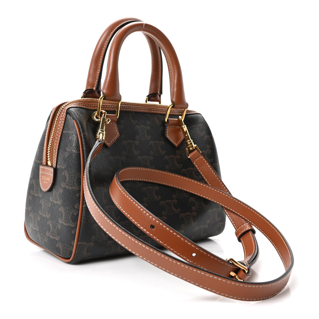 Triomphe Canvas Calfskin Small Boston Bag Tan