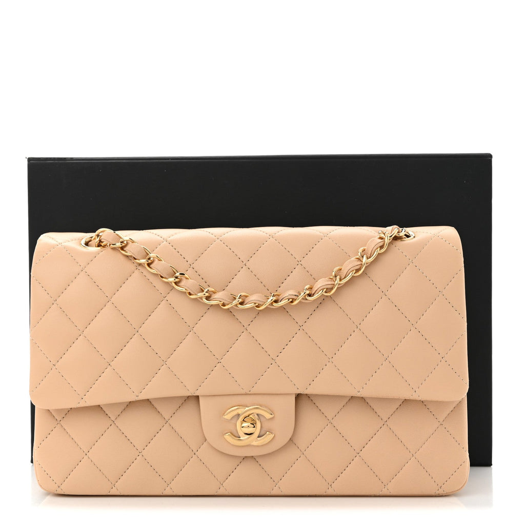 Lambskin Quilted Medium Double Flap Beige