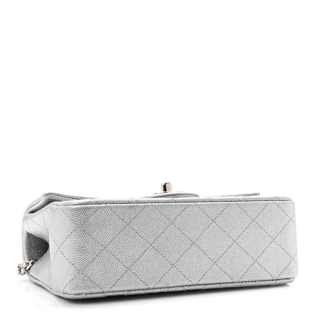 Metallic Caviar Quilted Mini Top Handle Rectangular Flap Silver
