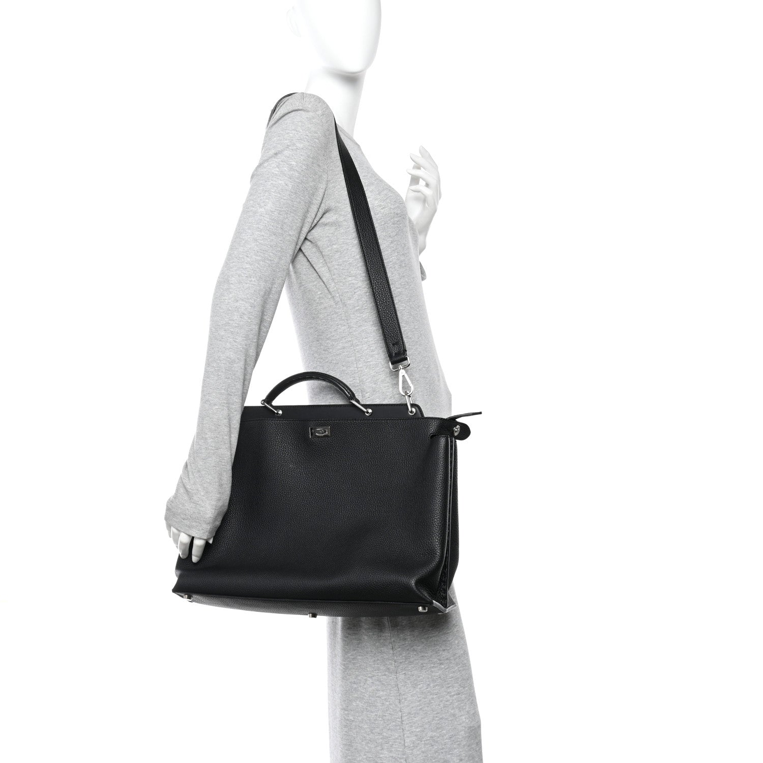 Cuoio Romano Selleria Vitello Grace Glazed Fabric FF 1974 Large Peekaboo Iconic Essential Satchel Black