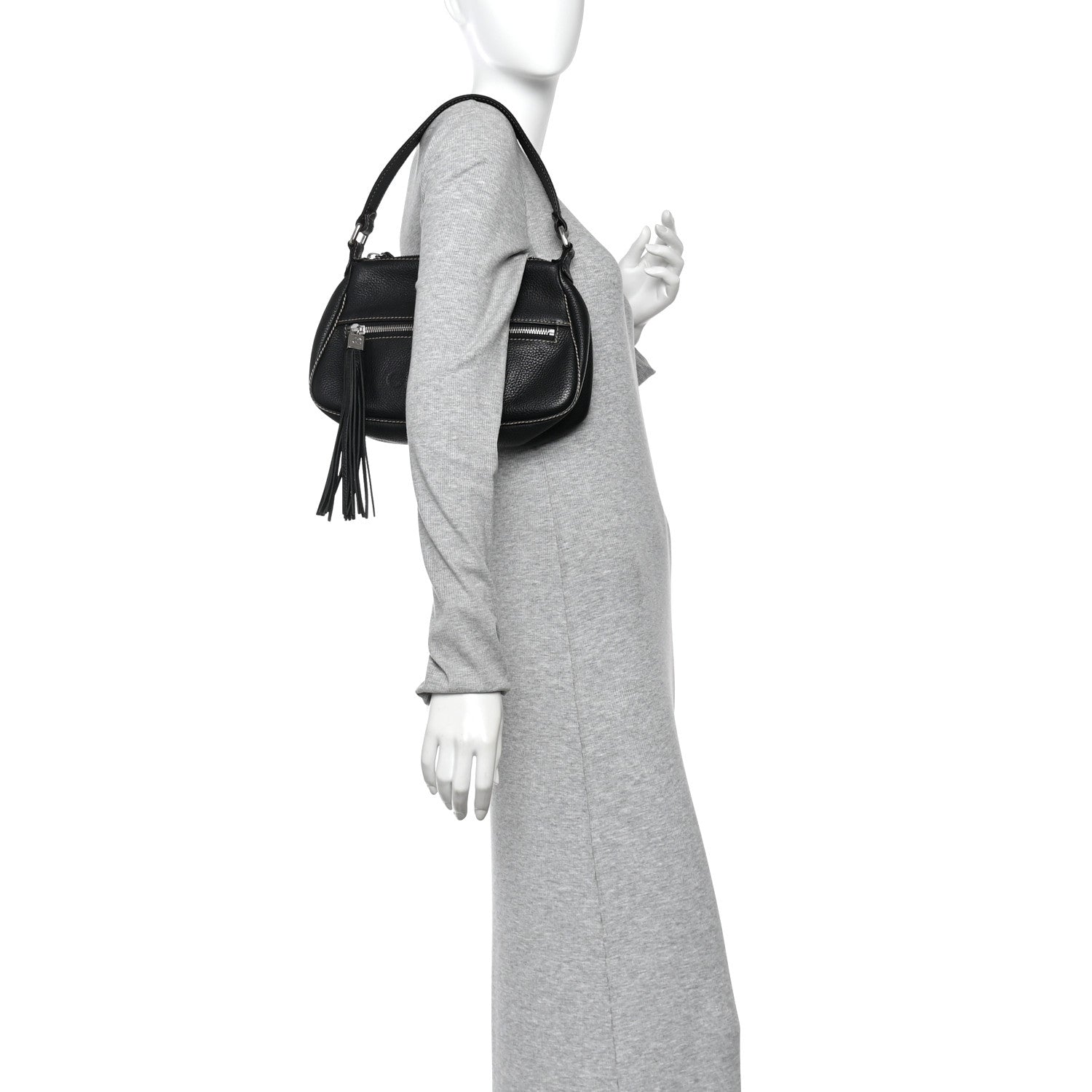 Grained Calfskin Tassel Shoulder Bag Black