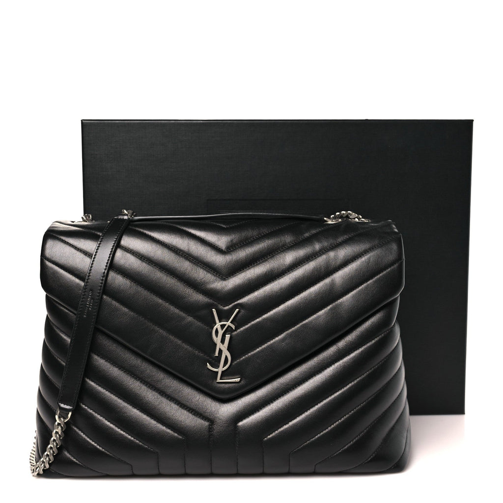 Calfskin Y Quilted Monogram Large Loulou Chain Satchel Black