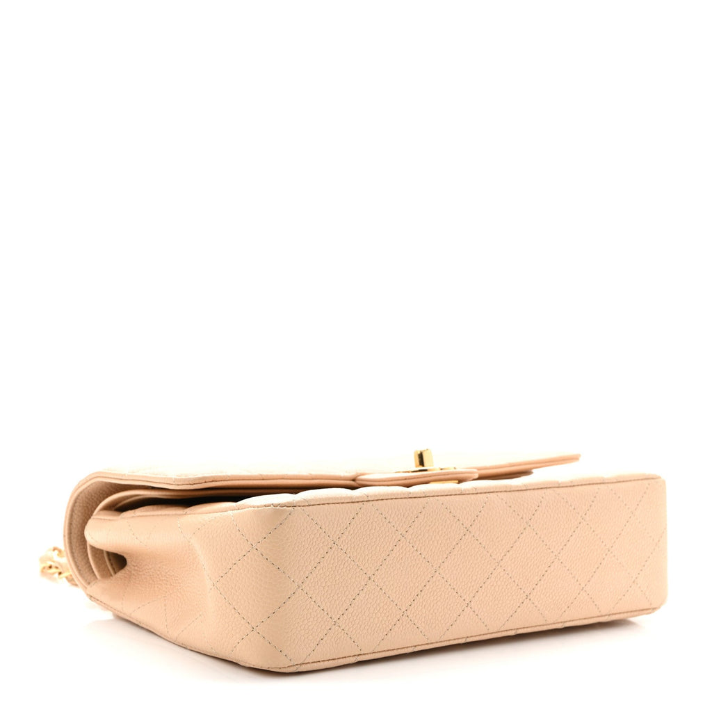 Caviar Quilted Medium Double Flap Beige