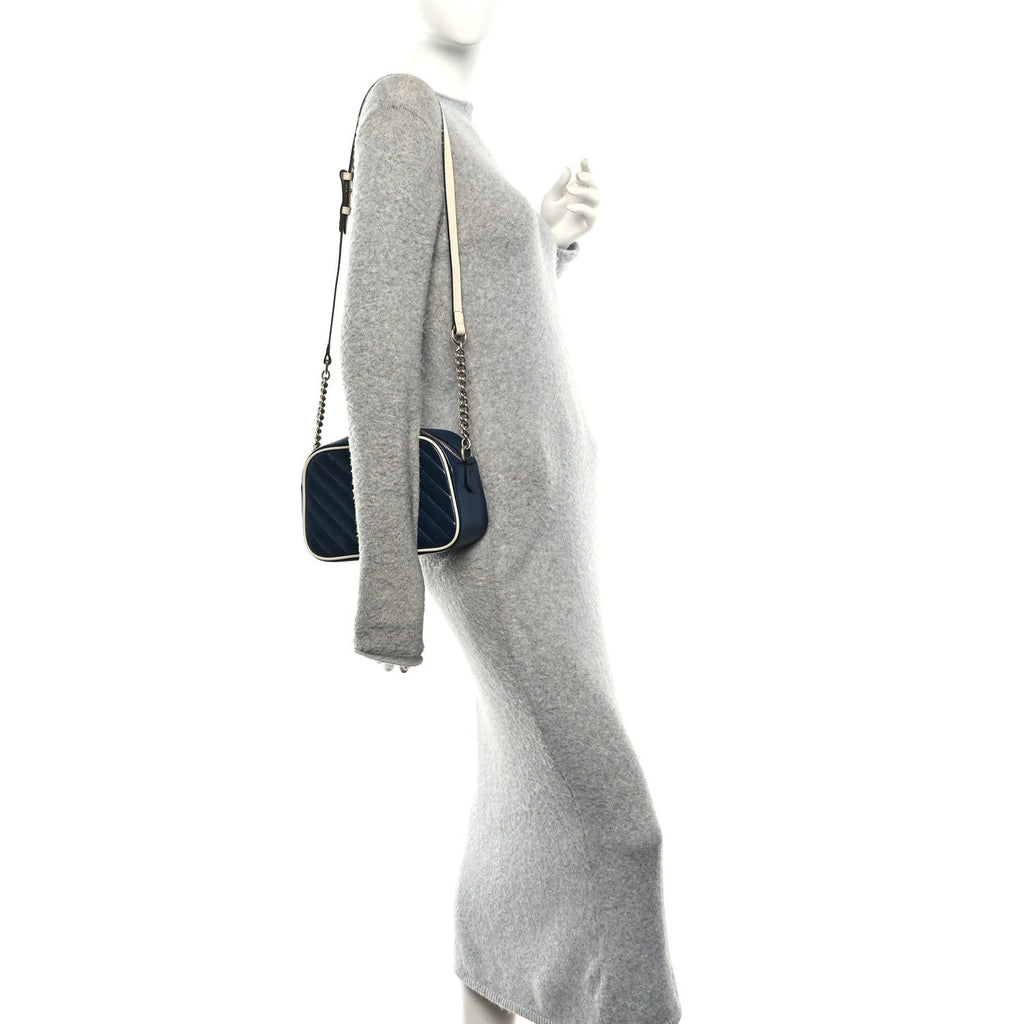 Vintage Effect Calfskin Matelasse Diagonal Small Torchon GG Marmont Chain Shoulder Bag Blue Agata Mystic White
