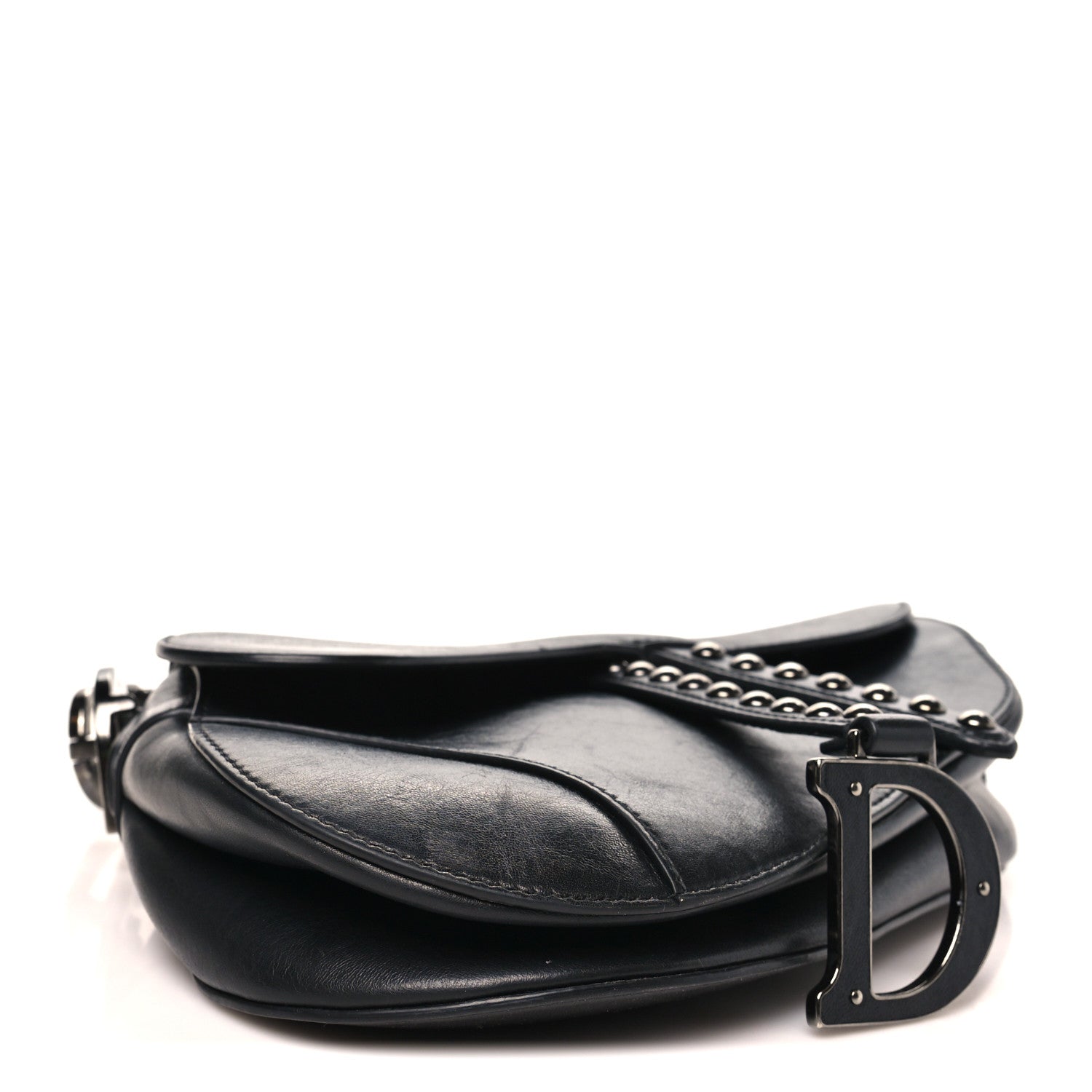 Shiny Crinkled Calfskin Studded Saddle Bag Black