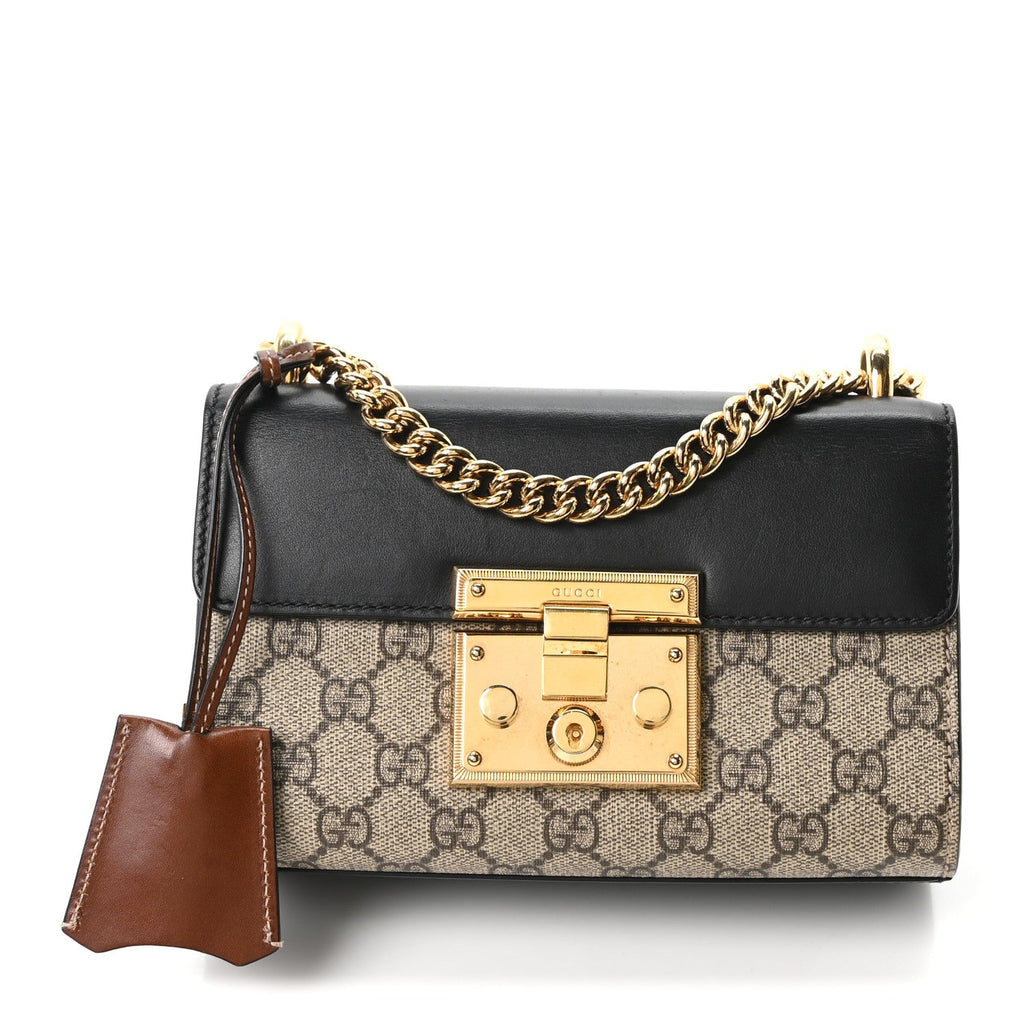 GG Supreme Monogram Calfskin Small Padlock Shoulder Bag Beige Black Cuir