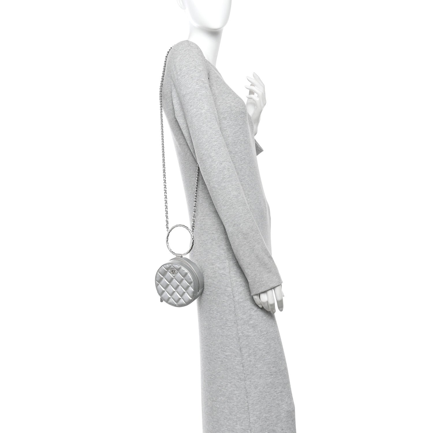 Metallic Calfskin Quilted Round Bracelet Clutch With Chain Silver