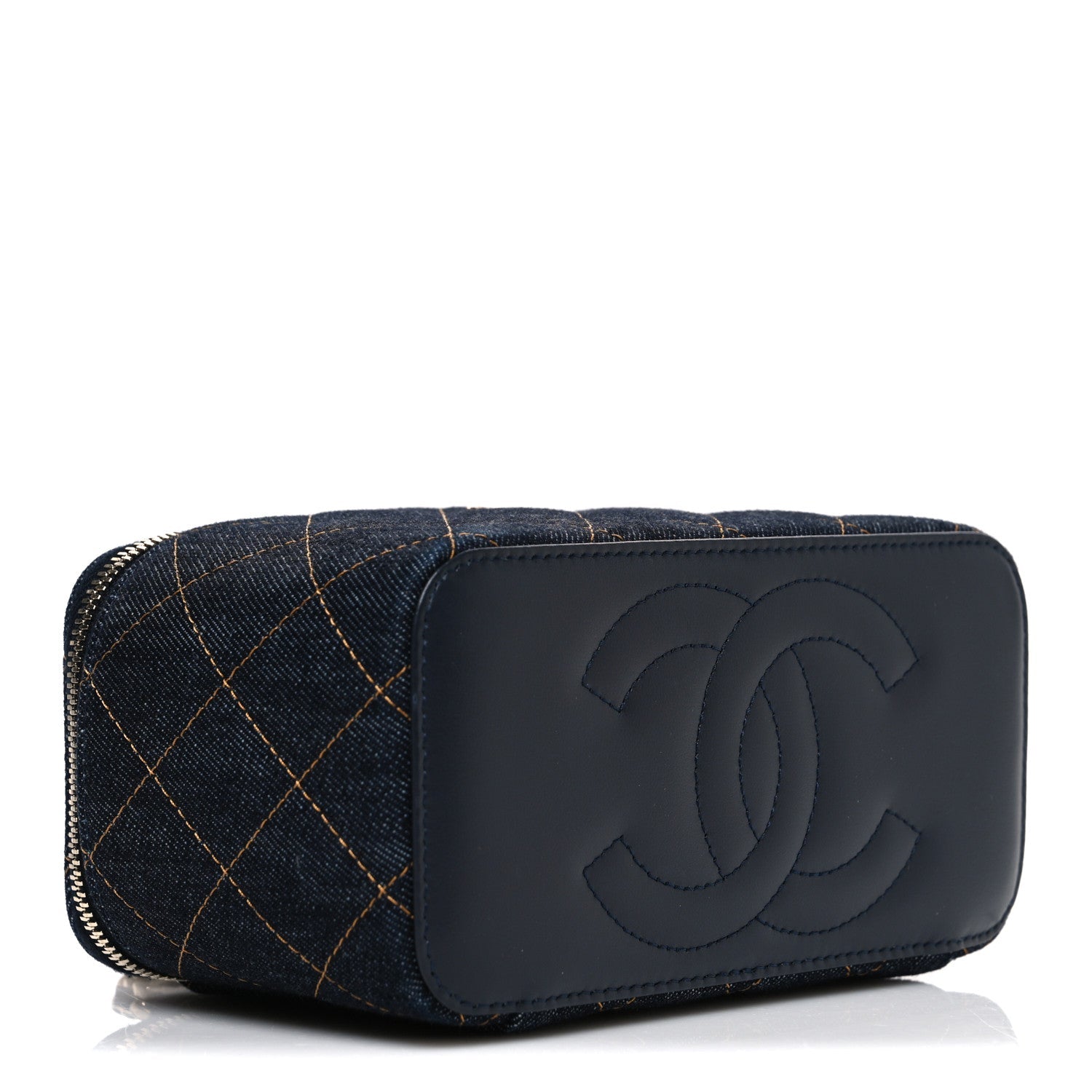 Denim Quilted Small Vanity Case With Chain Dark Blue Orange