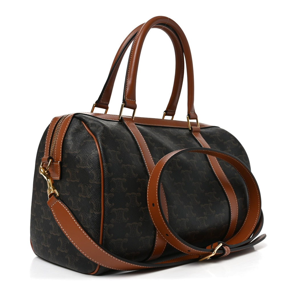 Triomphe Canvas Calfskin Boston Bag Tan