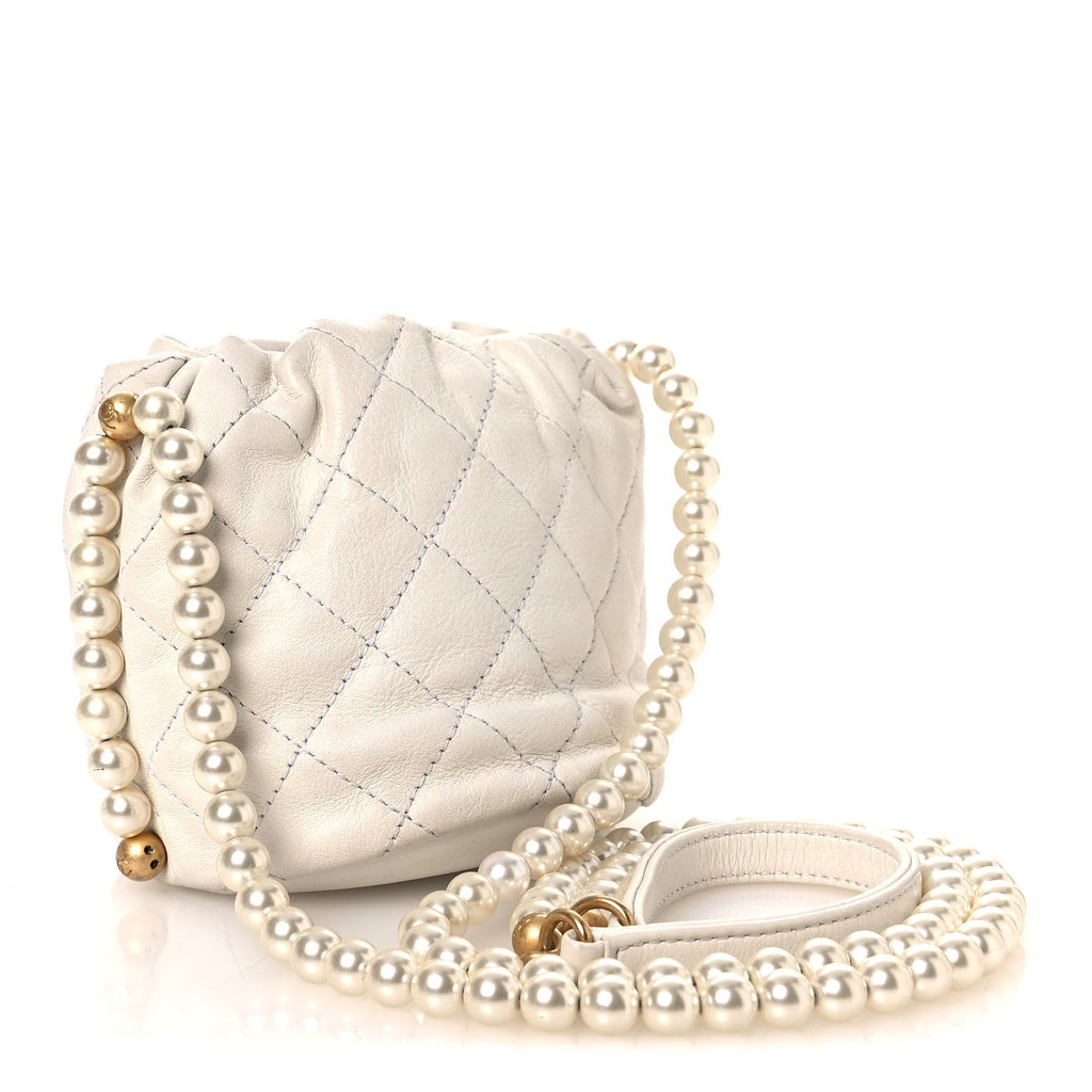 Calfskin Quilted Pearl Mini About Pearls Drawstring Bucket Bag  White