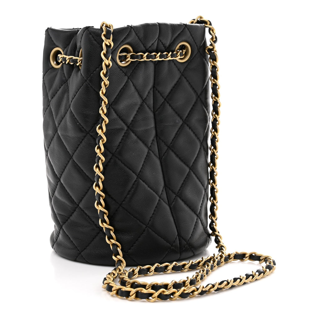 Lambskin Quilted Small Pearl Crush Bucket Bag Black