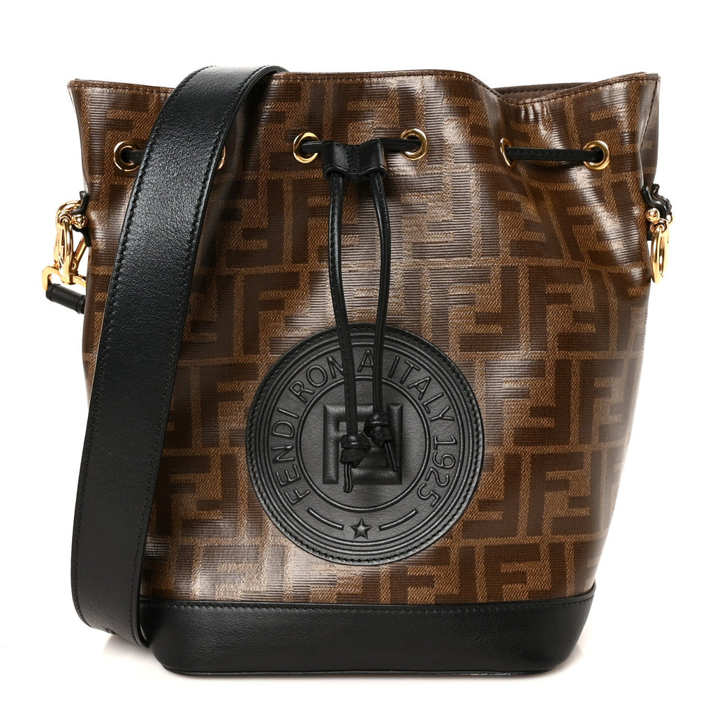 Glazed Fabric Vitello Grace F is Fendi FF 1974 Stamp Patch Grande Mon Tresor Bucket Bag Mogano Panna Black