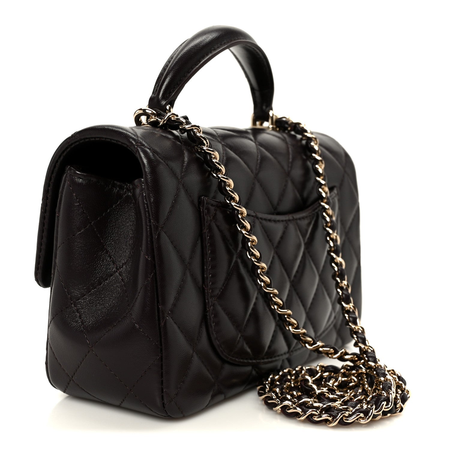 Lambskin Quilted Mini Top Handle Rectangular Flap Dark Brown