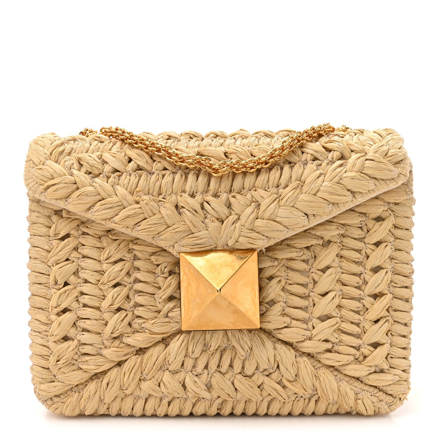Raffia One Stud Chain Clutch Natural