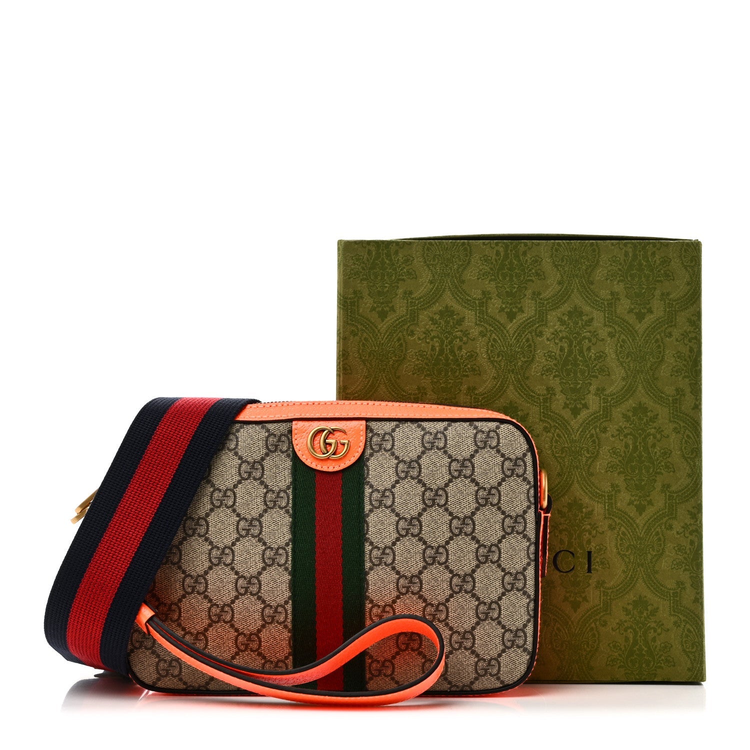 GG Supreme Monogram Textured Dollar Calfskin Web Ophidia Wristlet Shoulder Bag Beige Ebony Orange