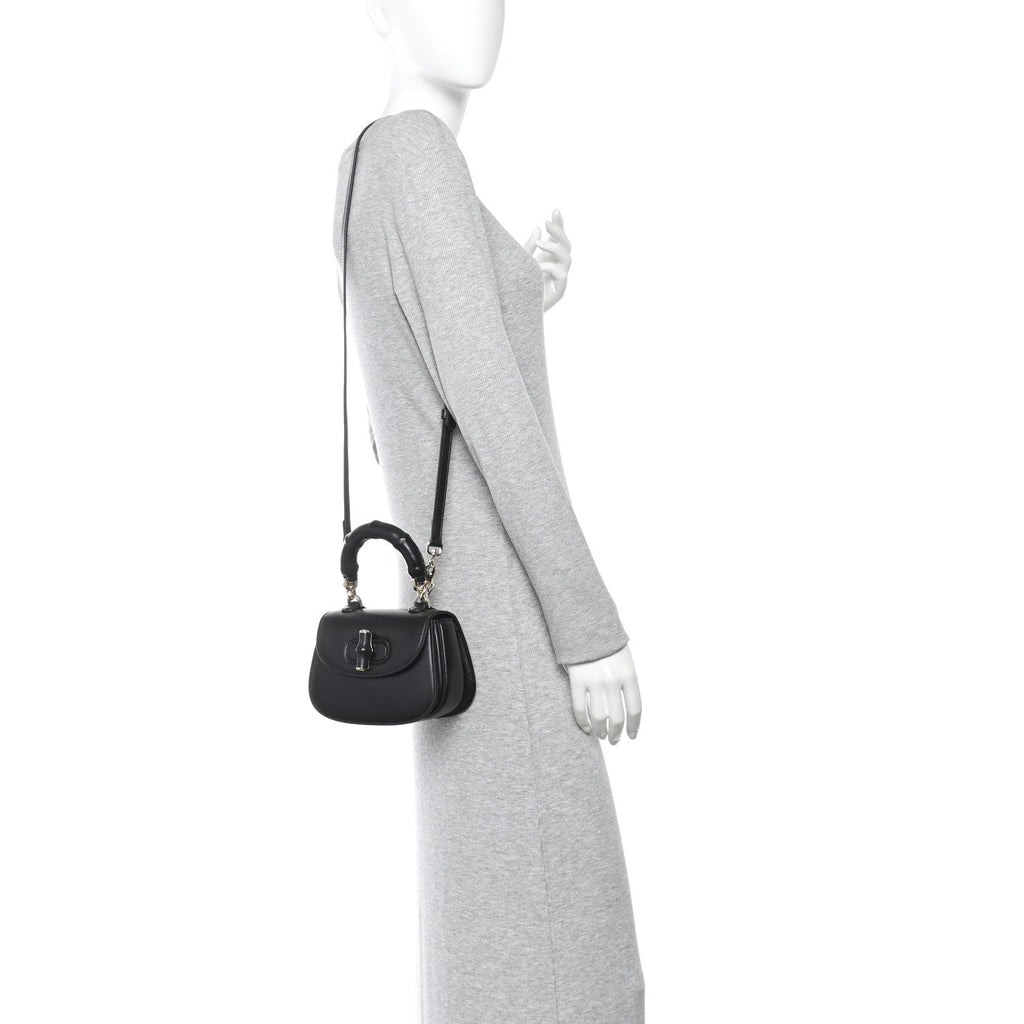 Boarded Dyana Lux Calfskin Mini Bamboo 1947 Top Handle Bag Black