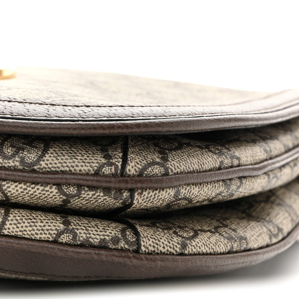 GG Supreme Monogram Textured Dollar Calfskin Web Medium Blondie Top Handle Shoulder Flap Bag Beige Ebony New Acero
