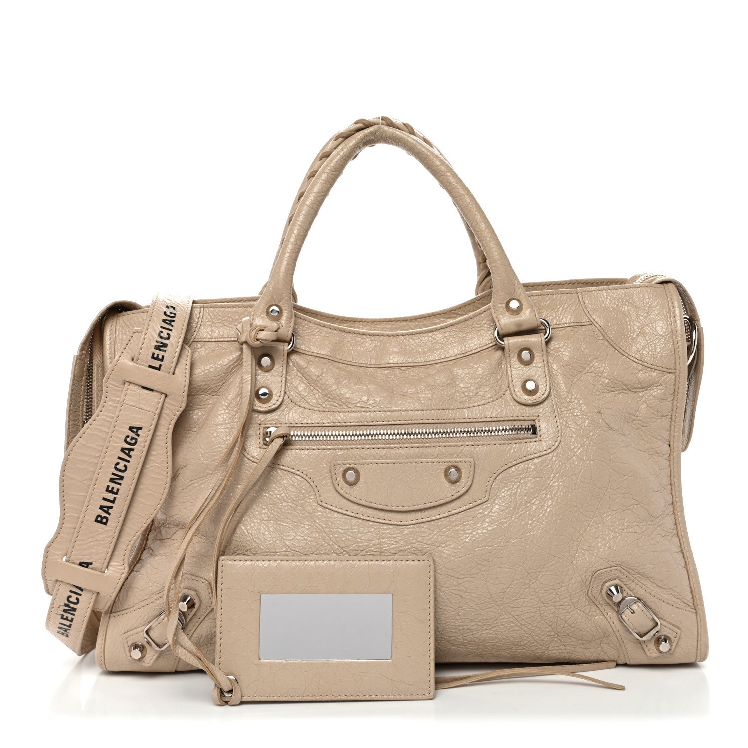Agneau Classic Silver Hardware City Logo Strap Light Beige Black