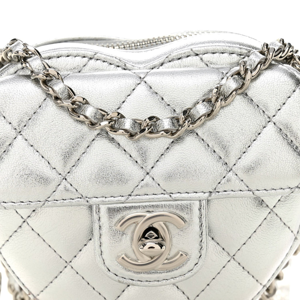 Metallic Lambskin Quilted CC In Love Heart Clutch With Chain Silver