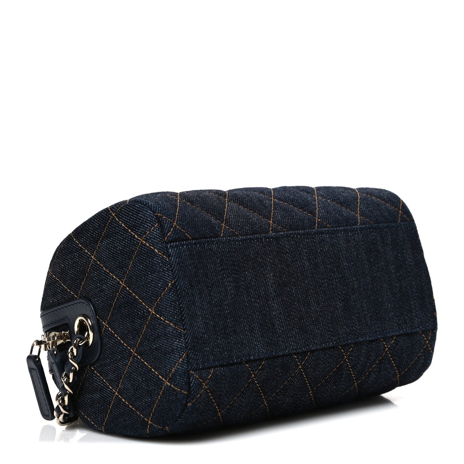 Denim Quilted Barrel Clutch With Chain Dark Blue Orange
