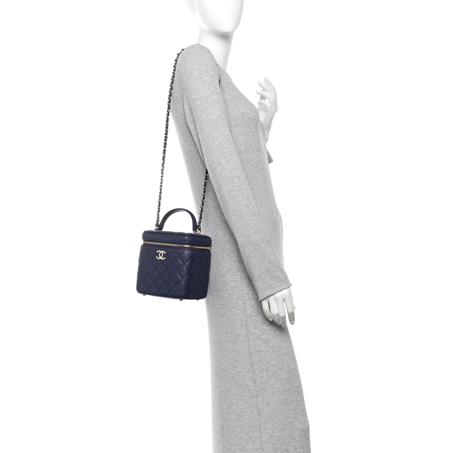 Caviar Quilted Small Top Handle Vanity Case With Chain Navy Blue