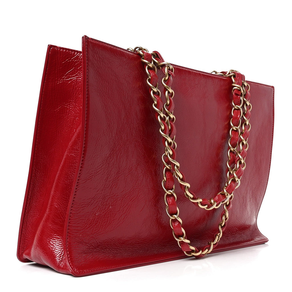 Shiny Aged Calfskin Shopping Bag Red