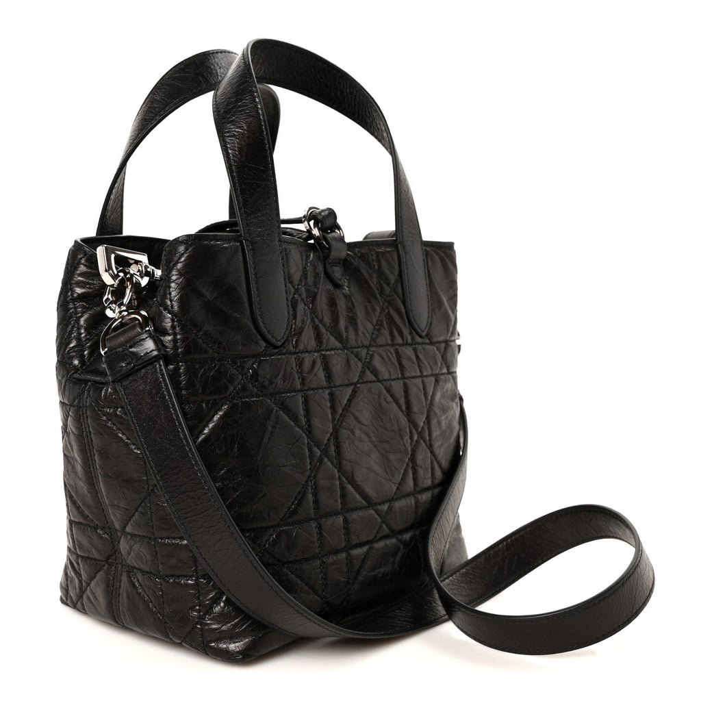 Crinkled Calfskin Macrocannage Small Toujours Vertical Tote Black