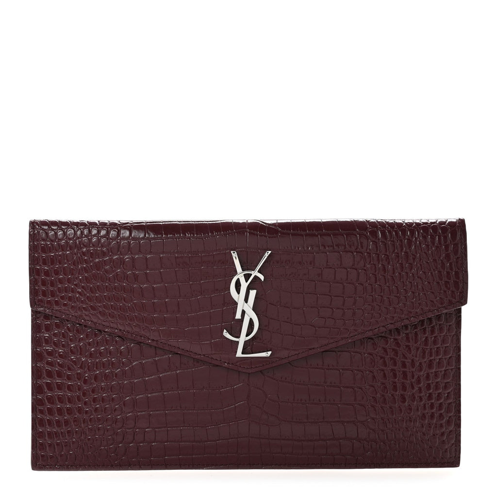 Calfskin Crocodile Embossed Uptown Monogram Clutch Rouge Legion