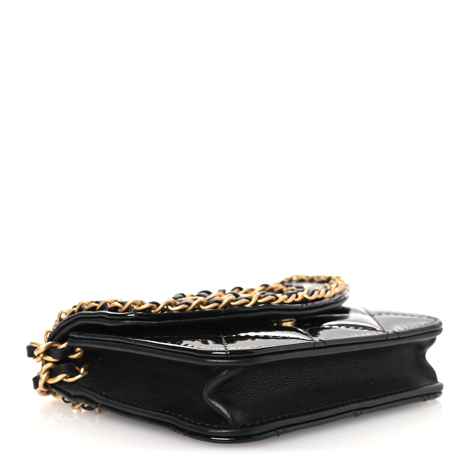 Patent Quilted Chain Around Heart Mini Chain Flap Black