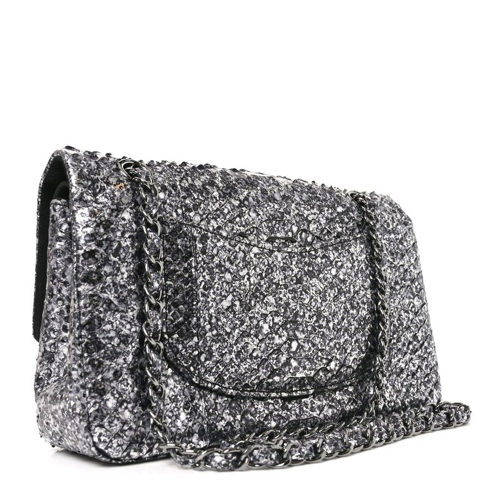 Metallic Snakeskin Medium Double Flap Black Silver