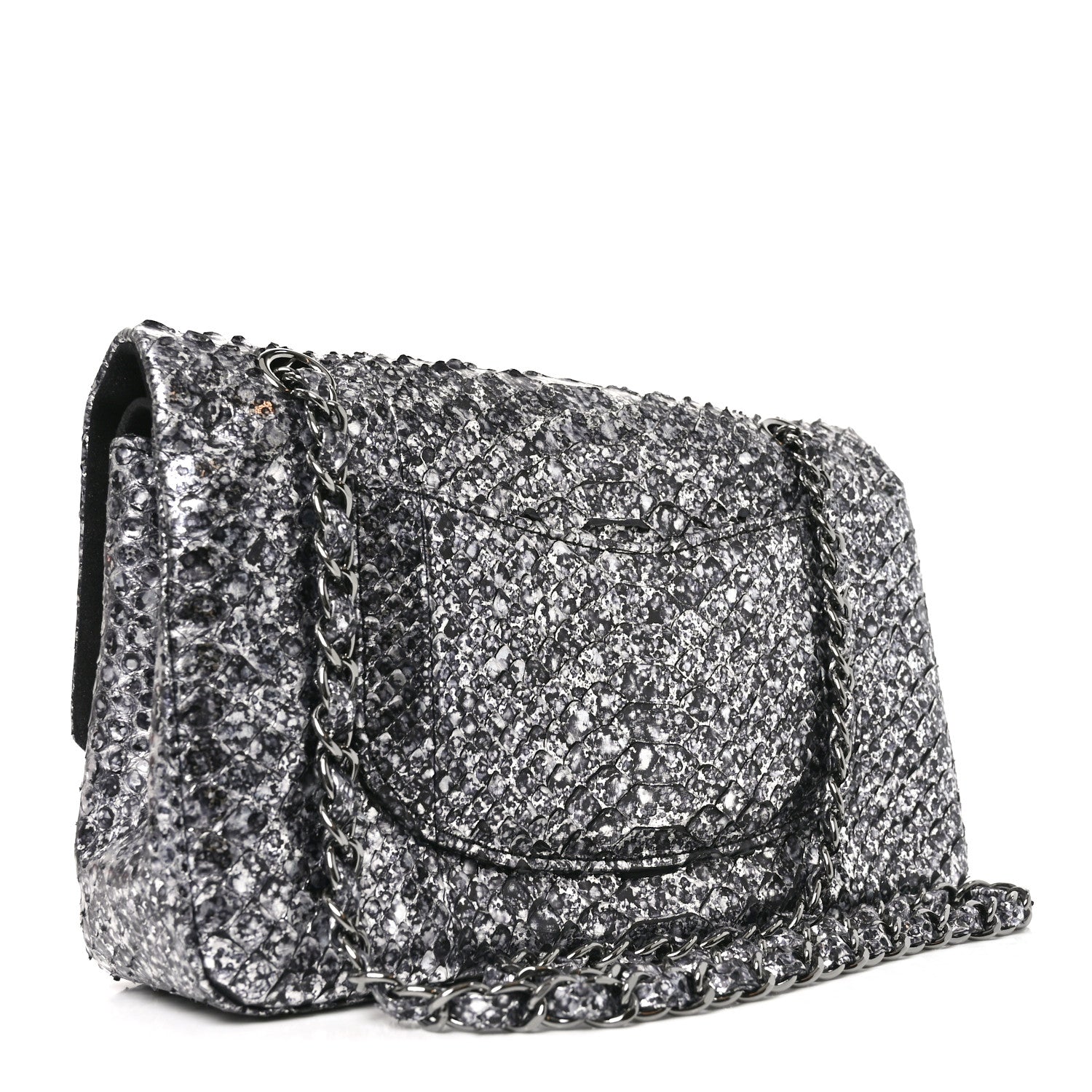 Metallic Snakeskin Medium Double Flap Black Silver