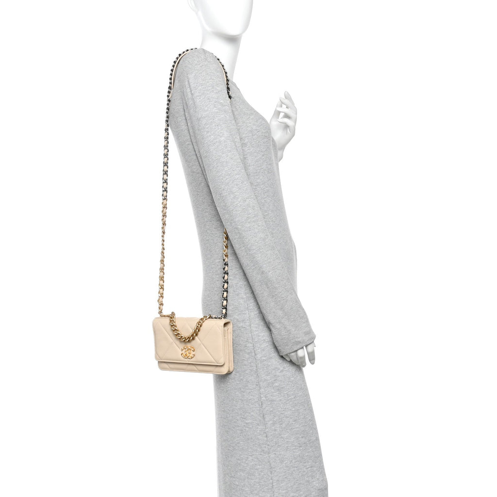 Lambskin Quilted Chanel 19 Wallet On Chain WOC Beige