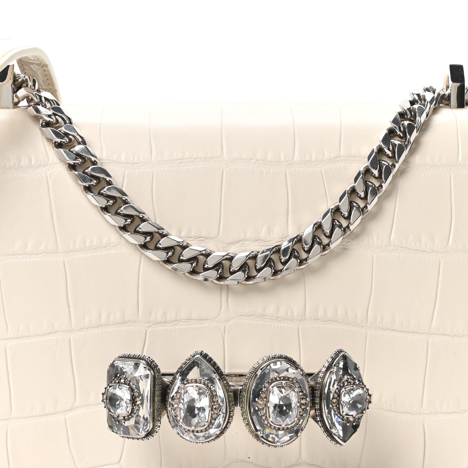 Shiny Calfskin Crocodile Embossed Knuckle Jeweled Crossbody White