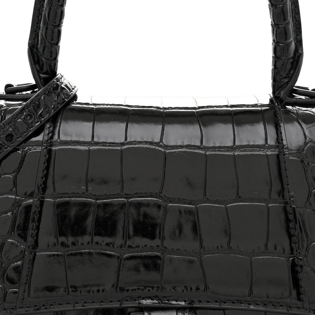 Shiny Calfskin Monochrome Crocodile Embossed Small Hourglass Top Handle Bag Black