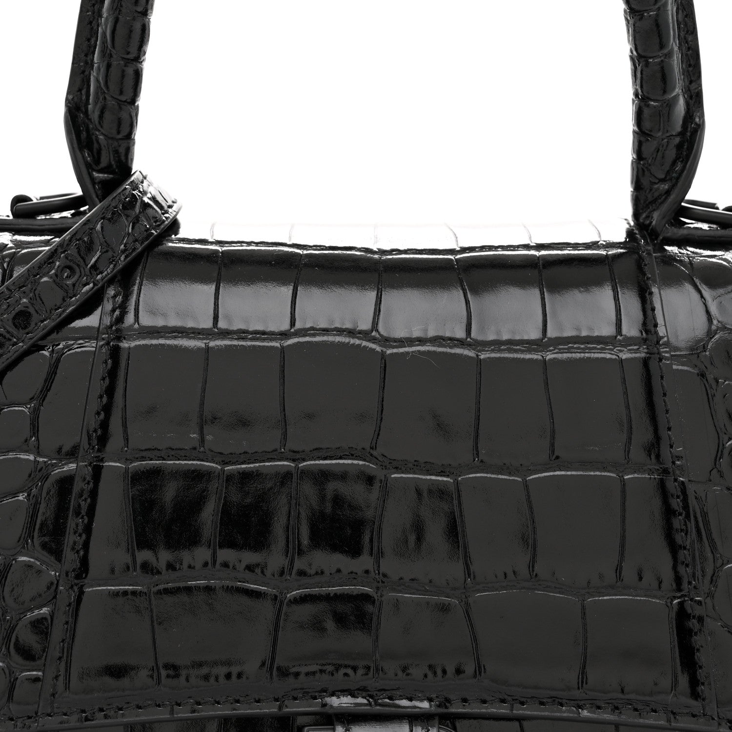 Shiny Calfskin Monochrome Crocodile Embossed Small Hourglass Top Handle Bag Black
