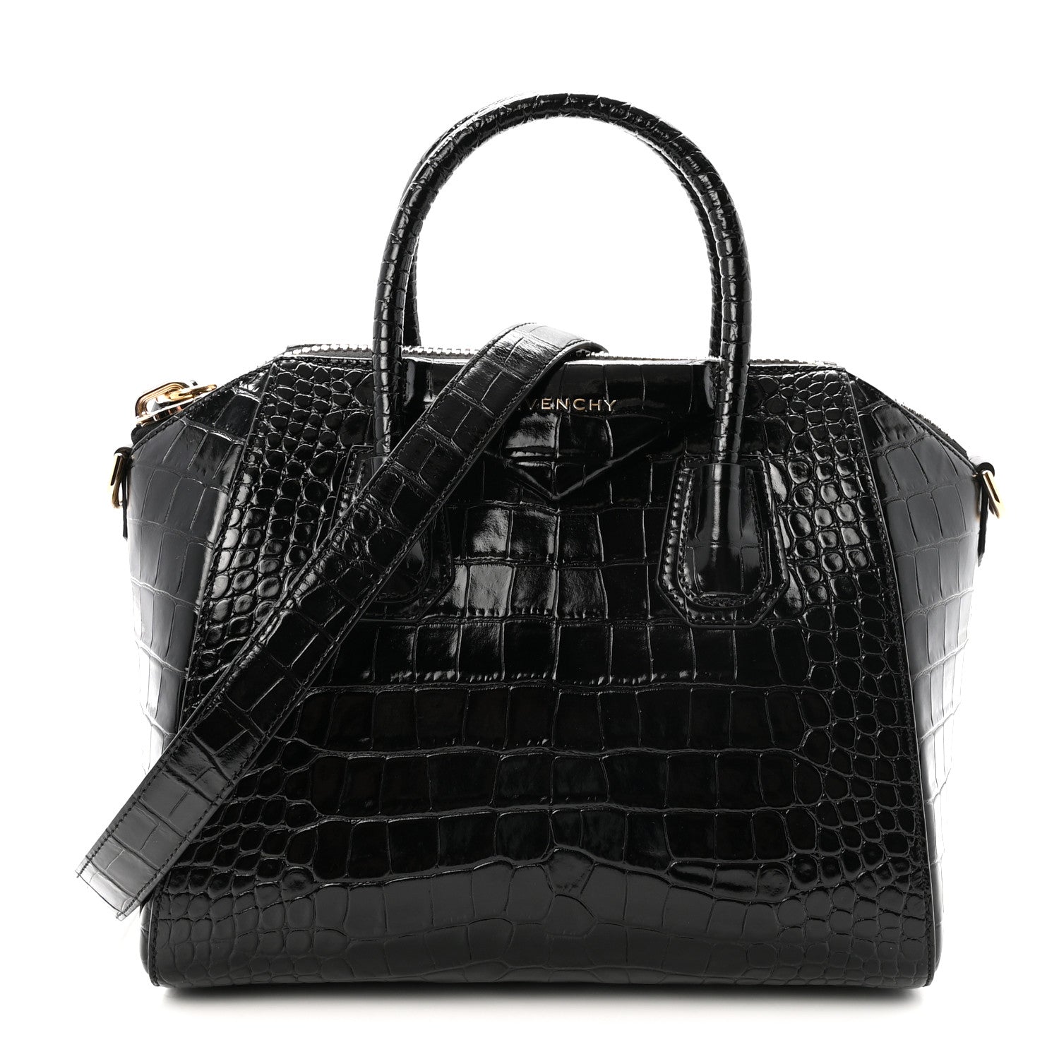 Calfskin Crocodile Embossed Small Antigona Black