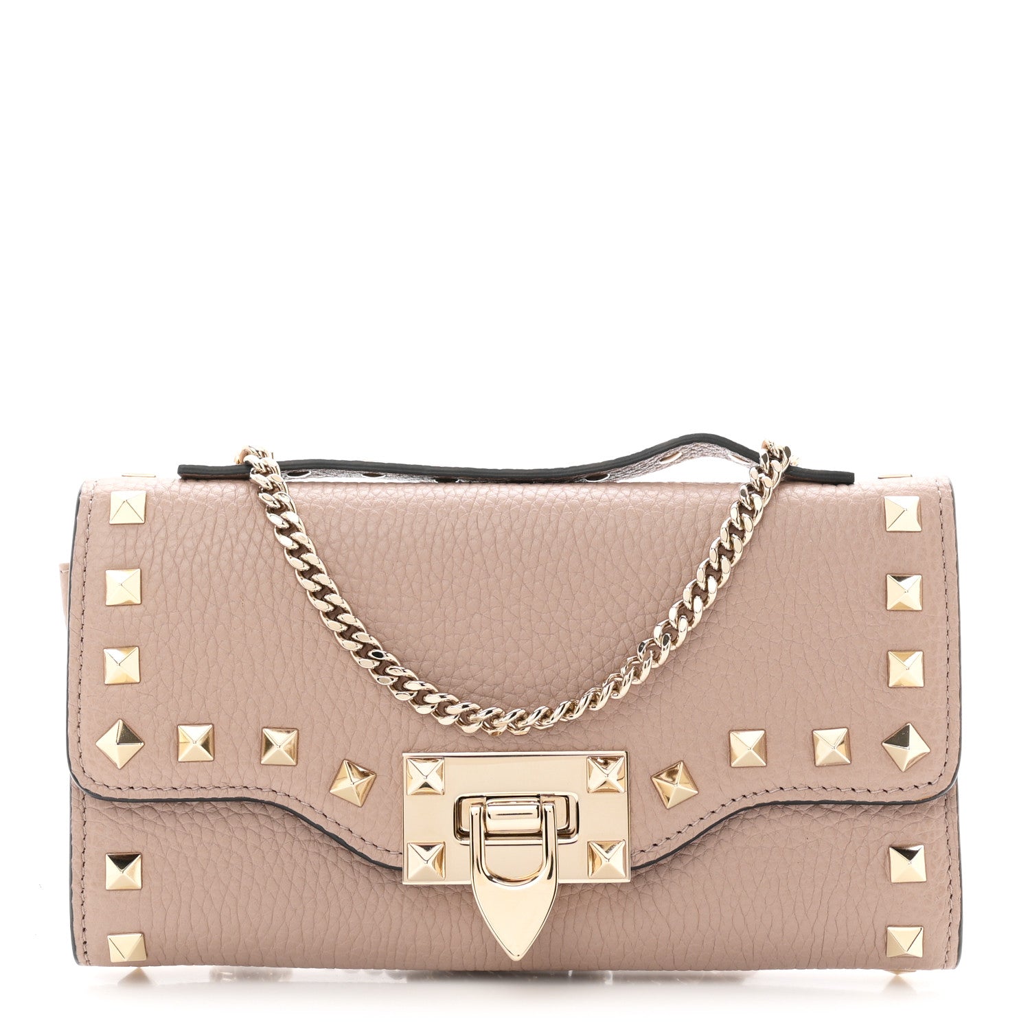 Pebbled Calfskin Rockstud Flip Lock Wallet On Chain Poudre
