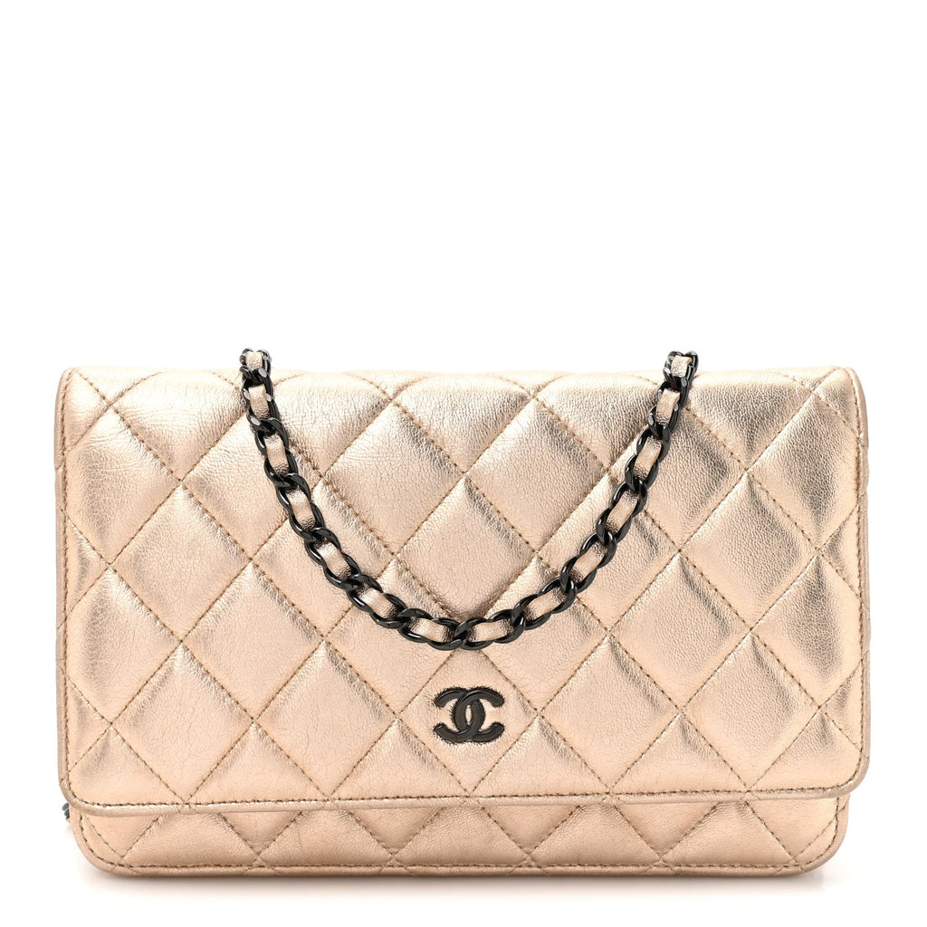 Metallic Lambskin Quilted Wallet On Chain WOC Gold Black
