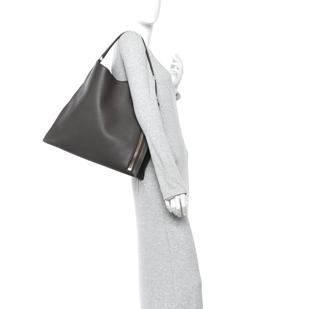 Pebbled Calfskin Large Alix Padlock Zip Hobo Bag Dark Brown