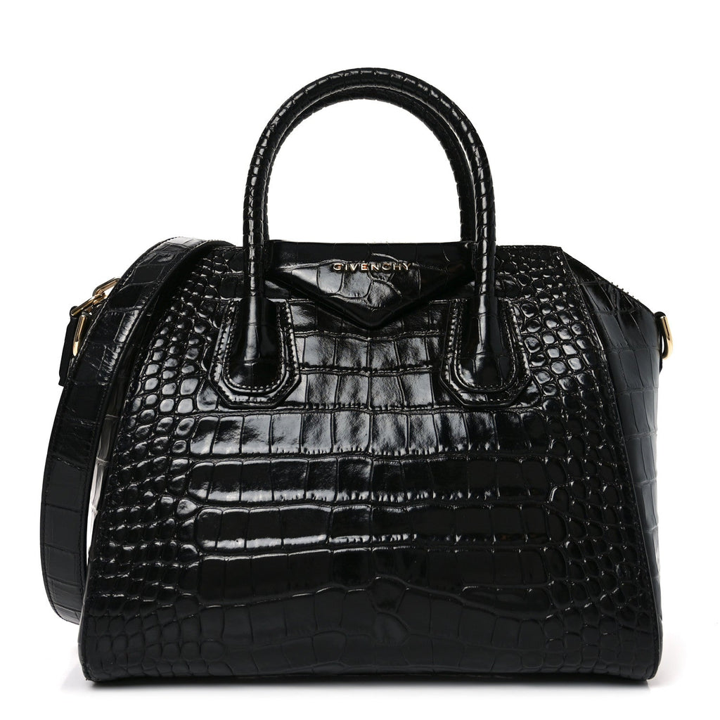 Calfskin Crocodile Embossed Small Antigona Black