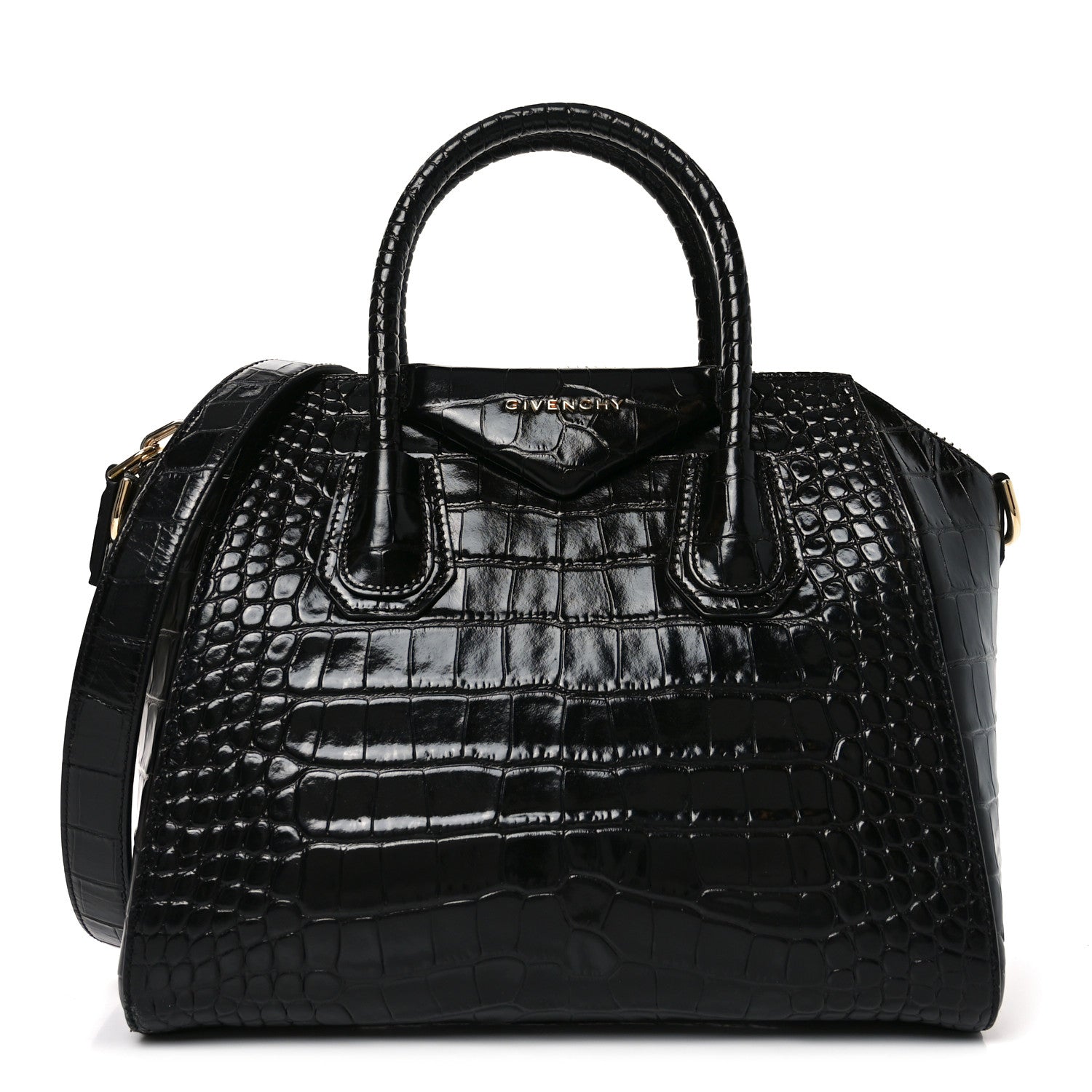 Calfskin Crocodile Embossed Small Antigona Black