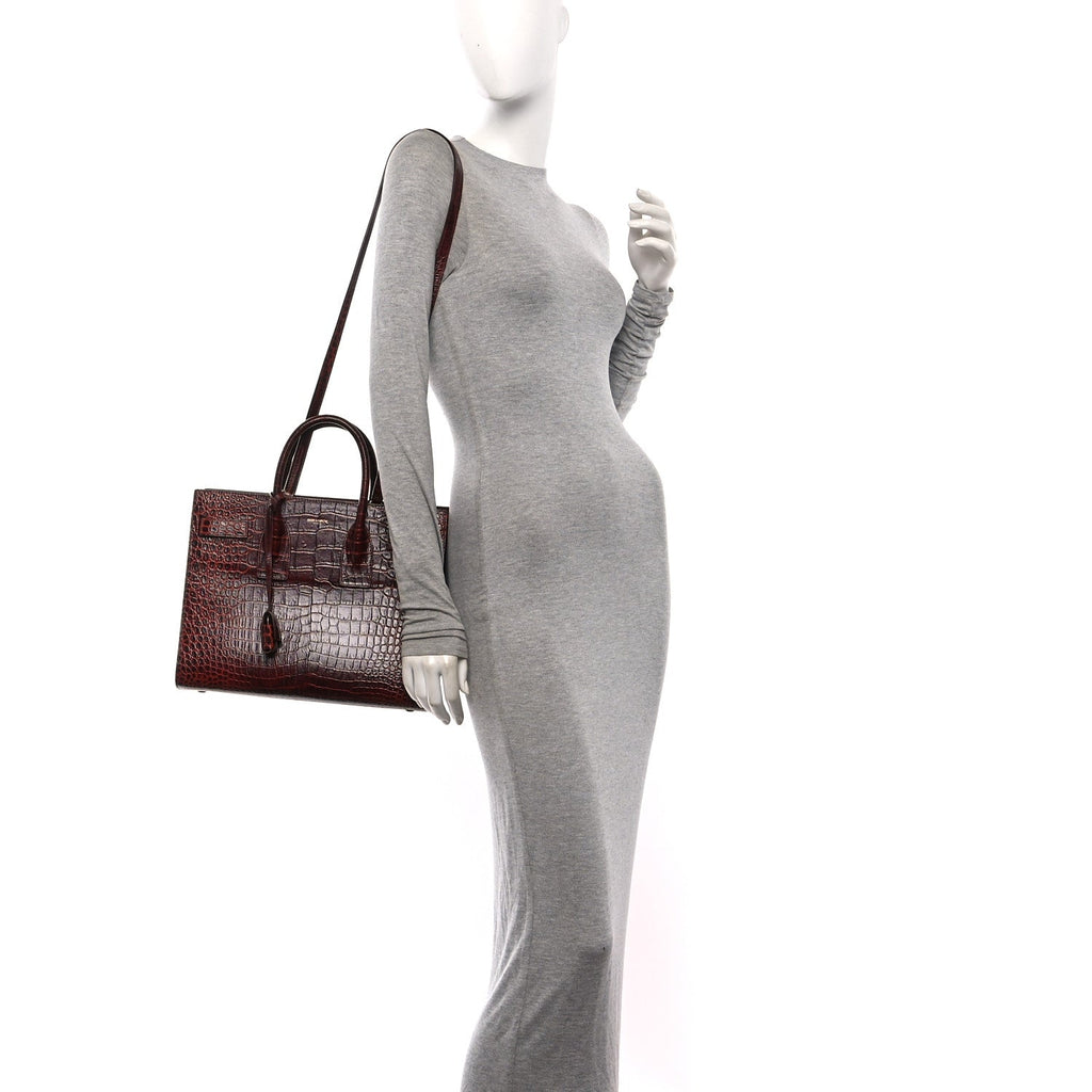 Calfskin Crocodile Embossed Small Sac De Jour Dark Blood