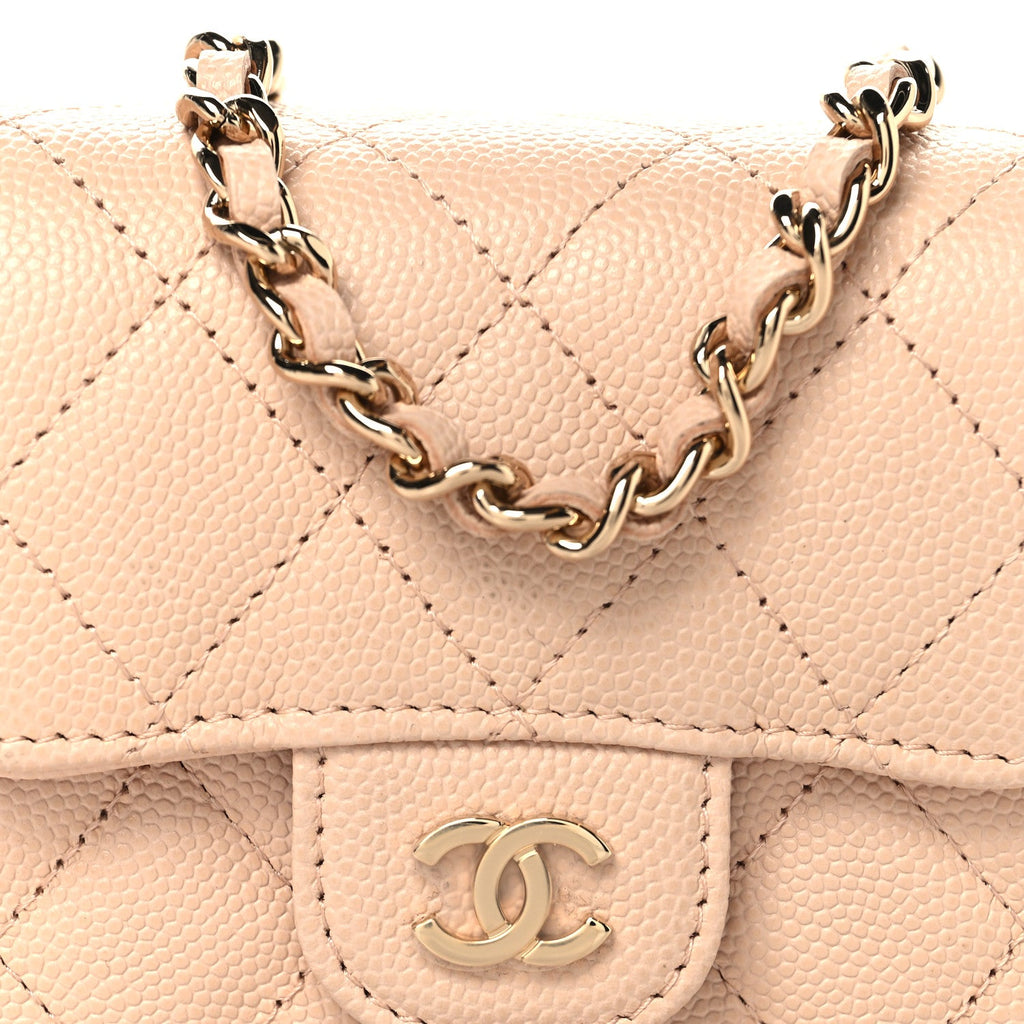 Caviar Quilted Mini Clutch With Chain Light Beige