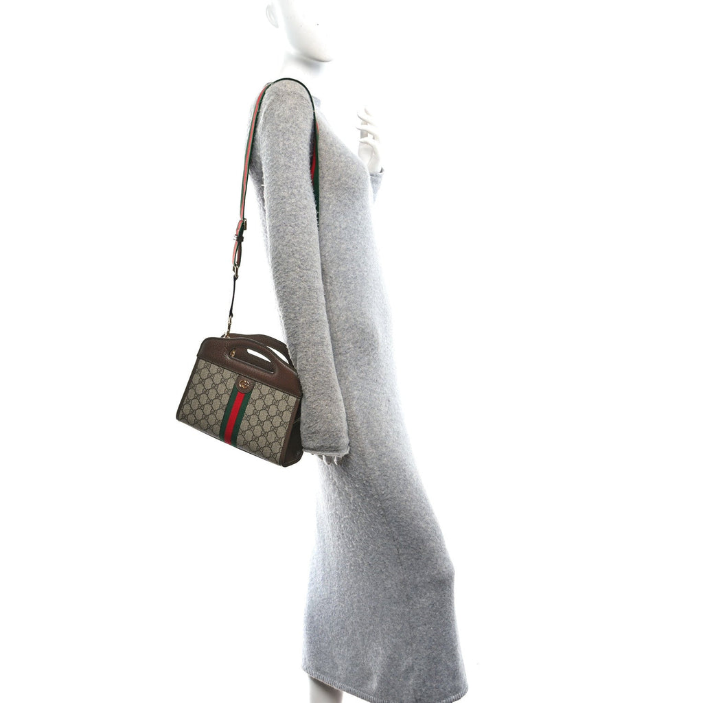 GG Supreme Monogram Textured Dollar Calfskin Web Small Ophidia Slip Handle Tote Beige Ebony New Acero