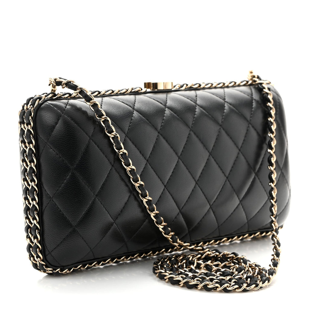 Lambskin Quilted Chain Around Clutch Black