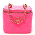 Patent Quilted Pearl Crush Mini Vanity Case With Chain Neon Pink