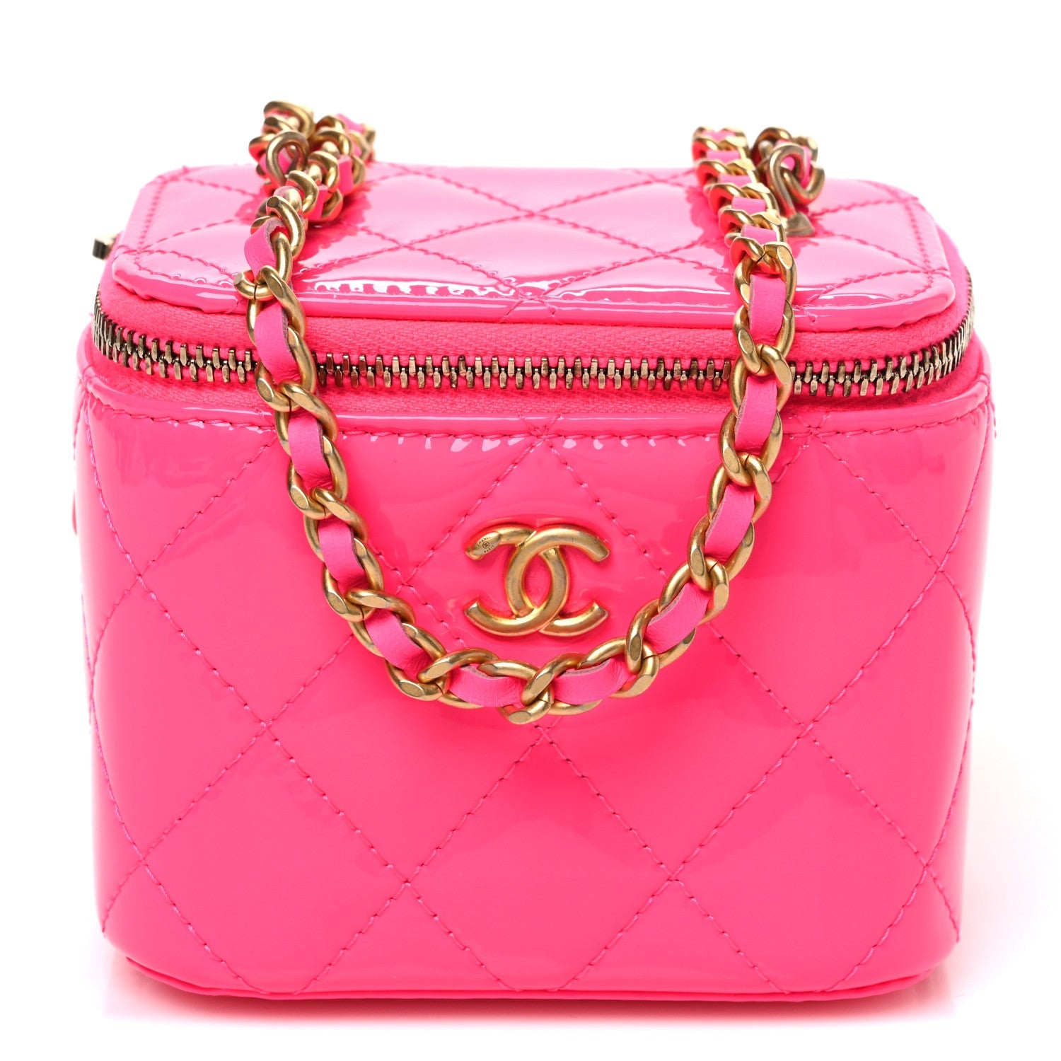 Patent Quilted Pearl Crush Mini Vanity Case With Chain Neon Pink