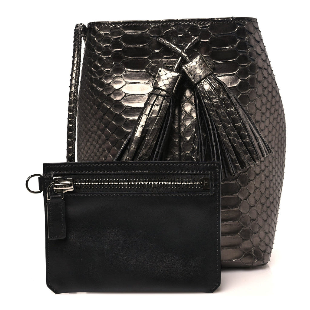 Metallic Snakeskin Small Double Tassel Bucket Bag Silver