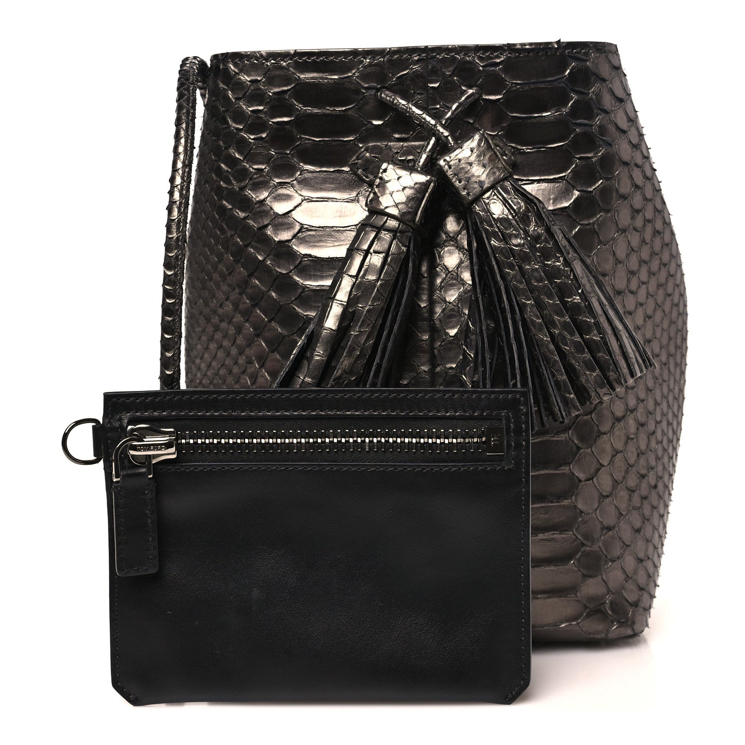 Metallic Snakeskin Small Double Tassel Bucket Bag Silver