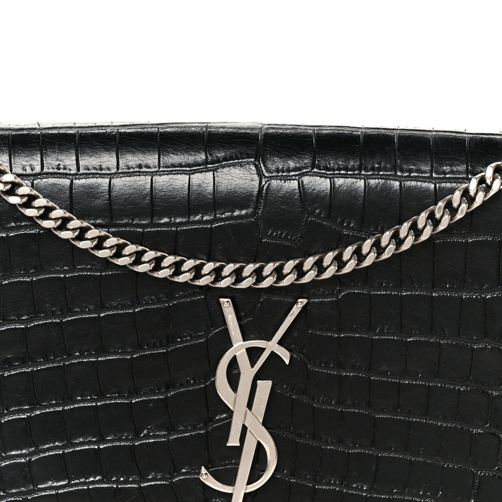 Calfskin Crocodile Embossed Medium Classic Monogram Kate Tassel Satchel Black